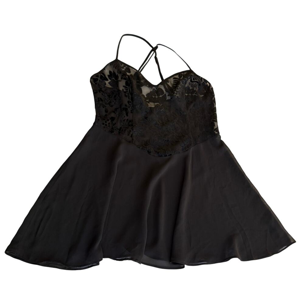 Lingerie Cacique Babydoll Slip Dress Women Medium Black Velvet Burnout VTG Sheer